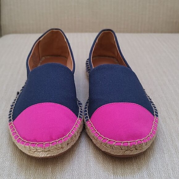 J. Crew Navy Blue Canvas Slip On Espadrilles Flats with Pink Cap Toe Size 6 - Picture 2 of 10